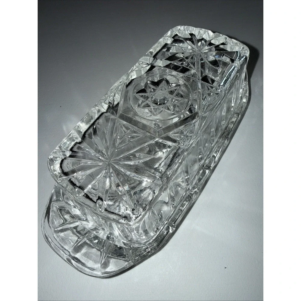 VTG Anchor Hocking Star of David American Prescut Glass Covered‎ Butter Dish EUC